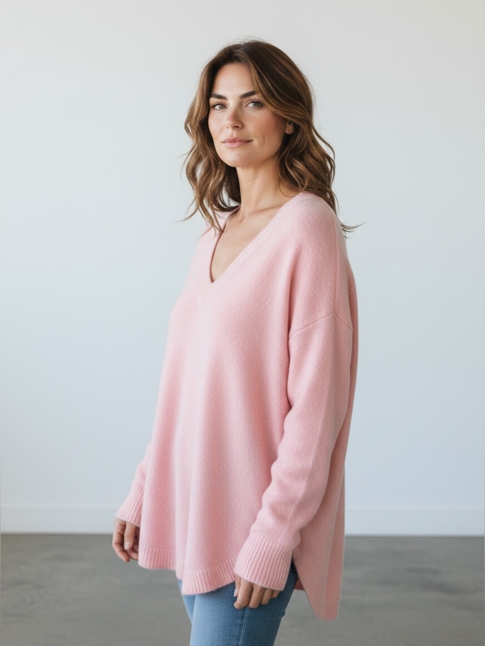 Ellos Light Pink V-Neck Oversized Pullover Sweater M